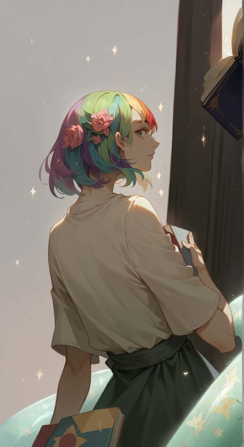 (best quality, Masterpiece), 1 girl, read a book, particle, wind, flower, upper body, simple background, look at viewer, rainbow hair, Short teal floaty dress, universe, nebula, galaxy