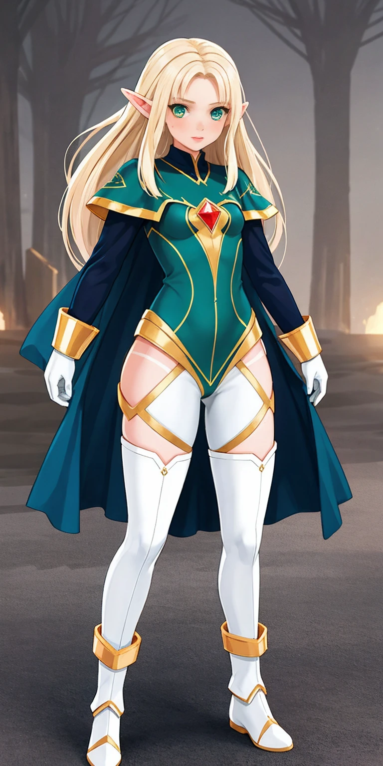 ((Full body photo, standing, feet on the floor))  (masterpiece, best quality), (full body:1.6), standing (small fighting elven 1girl:1.6),(magical),(cute,adorable:1.3),blonde hair, green eyes, medium breast, beautiful, detailed, enchanted breastplate with precious gemstones, white thigh-high greaves, seductive pose, in a forest, magic flora, detailed face and eyes, volumetric light,(ultra quality skin:1.7)