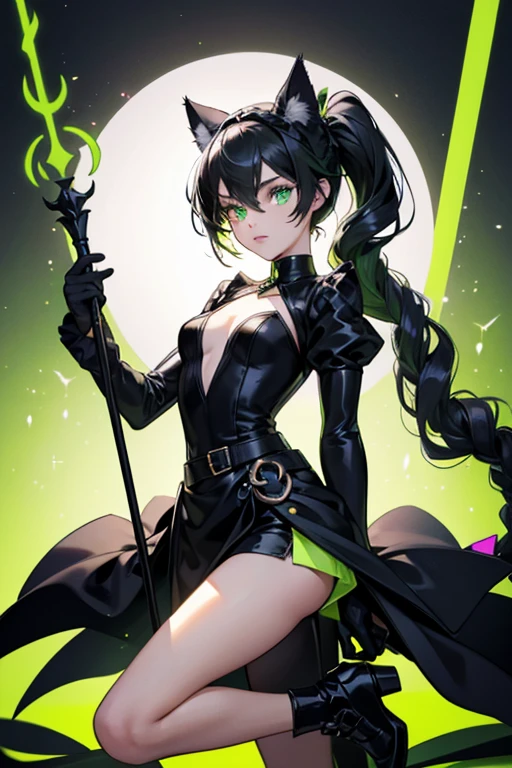 The costume of Lady Noire was very similar to Cat Noir; she wore a dark gray catsuit with fluorescent green accents on her knees, forearms, waist, and neck. She had black gloves on her forearms with claws and a fluorescent green band that went down a bit and a black ball, and her black collar was a little open at the neck and had a fluorescent green band that went down to the poitrine and a black ball in the lower part of the neck. Around the waist, there was a black belt with a fluorescent green band in the middle at the right leg, a black button with a fluo-green cat, and a fluorescent green son with a black ball hanging. Her black fluo-green boots went all the way up to the knee, with a small flowing green band in the heel, and ended with small black triangular platform shoes. She had floor-length black hair that was styled in a single braid, which made it look like a tail (similar to Cat Noir's belt). She also had cat ears on her head with fluorescent green accents and a black mask. Lady Noire had the same green eyes as Cat Noir, with the green sclera and slitted pupils. Like her yo-yo, Lady Noire kept her staff attached to her hip when not in use. SPARKLE; GLITTER