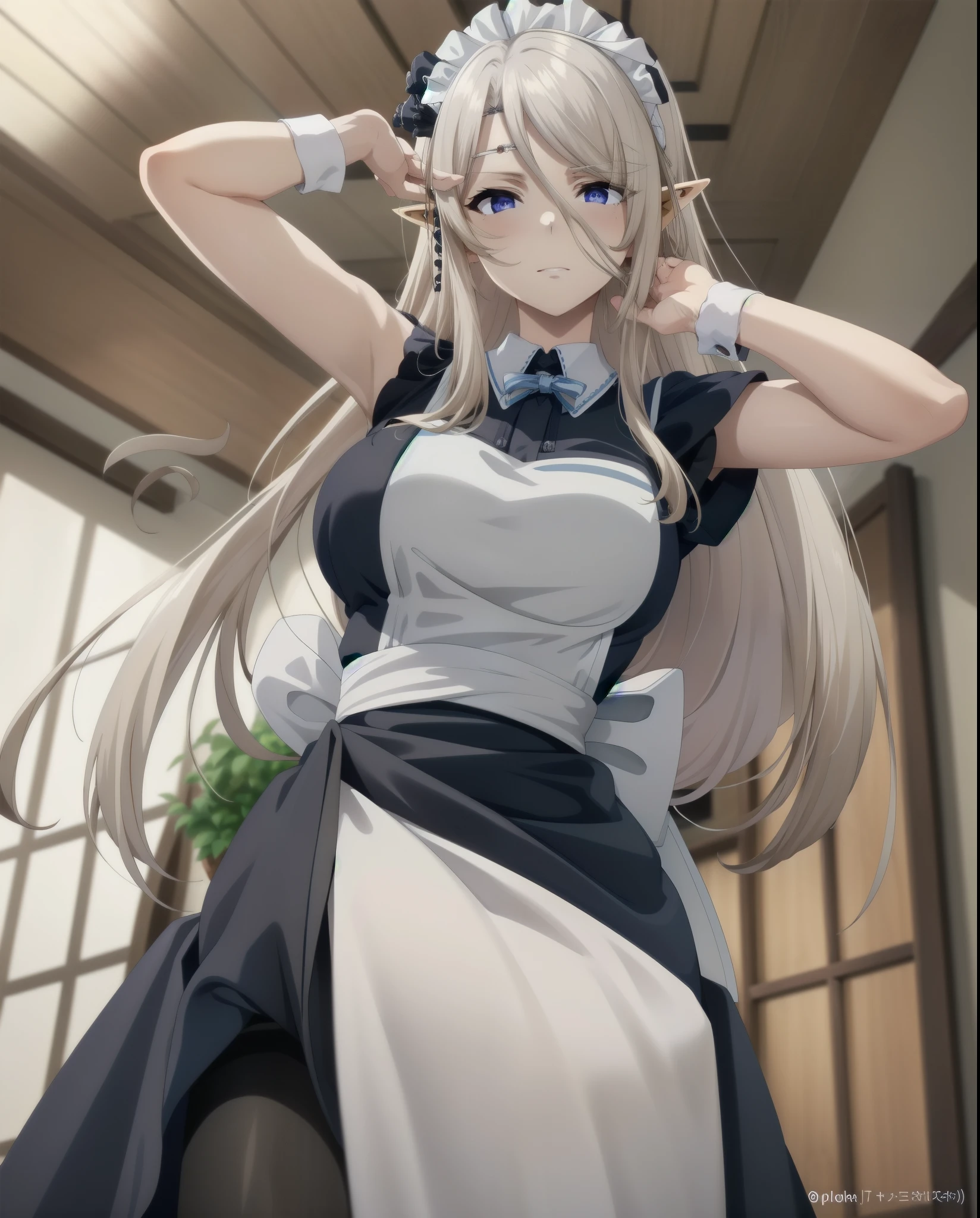 best quality, from below, log angle, intenseglare, disgust, shaded_face, shadow_over_eyes, glaring, looking down at the viewer, long platinum hair,blue eyes,pointy ears,elf,,masterpiece, highres, solo, (maid:1.40), (long maid dress:1.15), anime_style, 14
