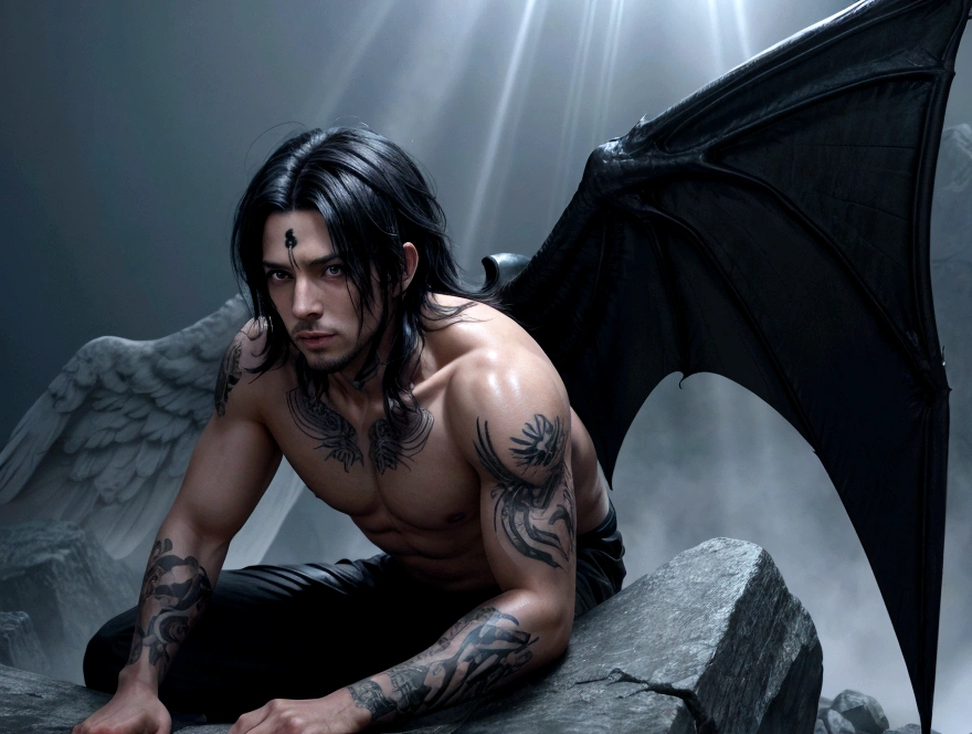 Angel male with 30 years old with ancient alphabet tattoos on his neck, fingernails painted black, huge black wings bat, wearing a black suit and barefoot, on top of a mountain, sparkling eyes, colorful hair, messy hair, highres, sparkling eyes, messy hair, hair over eyes, Hyperrealism, god rays, cinematic lighting, backlighting, anime style, Hyperrealism, god rays, cinematic lighting, backlighting, anime style, UHD, anatomically correct, UHD, anatomically correct, highres.