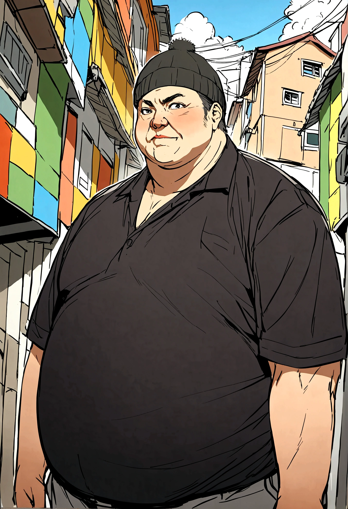 Large tattoo design for the back. Style similar to the reference image: detailed, realistic, high-quality. Elements include:
1. Background: Favela in Rio de Janeiro, Brazil.
2. Central figure: A fat man with a beanie. Emphasize the face being fat.
3. Vehicle: Front of a black Opala.
4. Text: Graffiti style text "BRAZIL".
