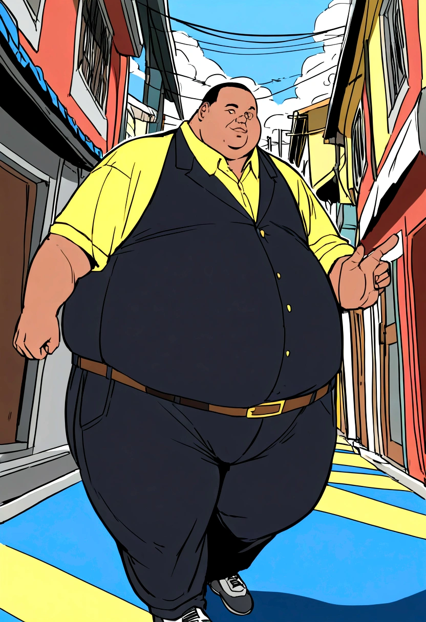 Large tattoo design for the back. Style similar to the reference image: detailed, realistic, high-quality. Elements include:
1. Background: Favela in Rio de Janeiro, Brazil.
2. Central figure: A fat man with a beanie. Emphasize the face being fat.
3. Vehicle: Front of a black Opala.
4. Text: Graffiti style text "BRAZIL".