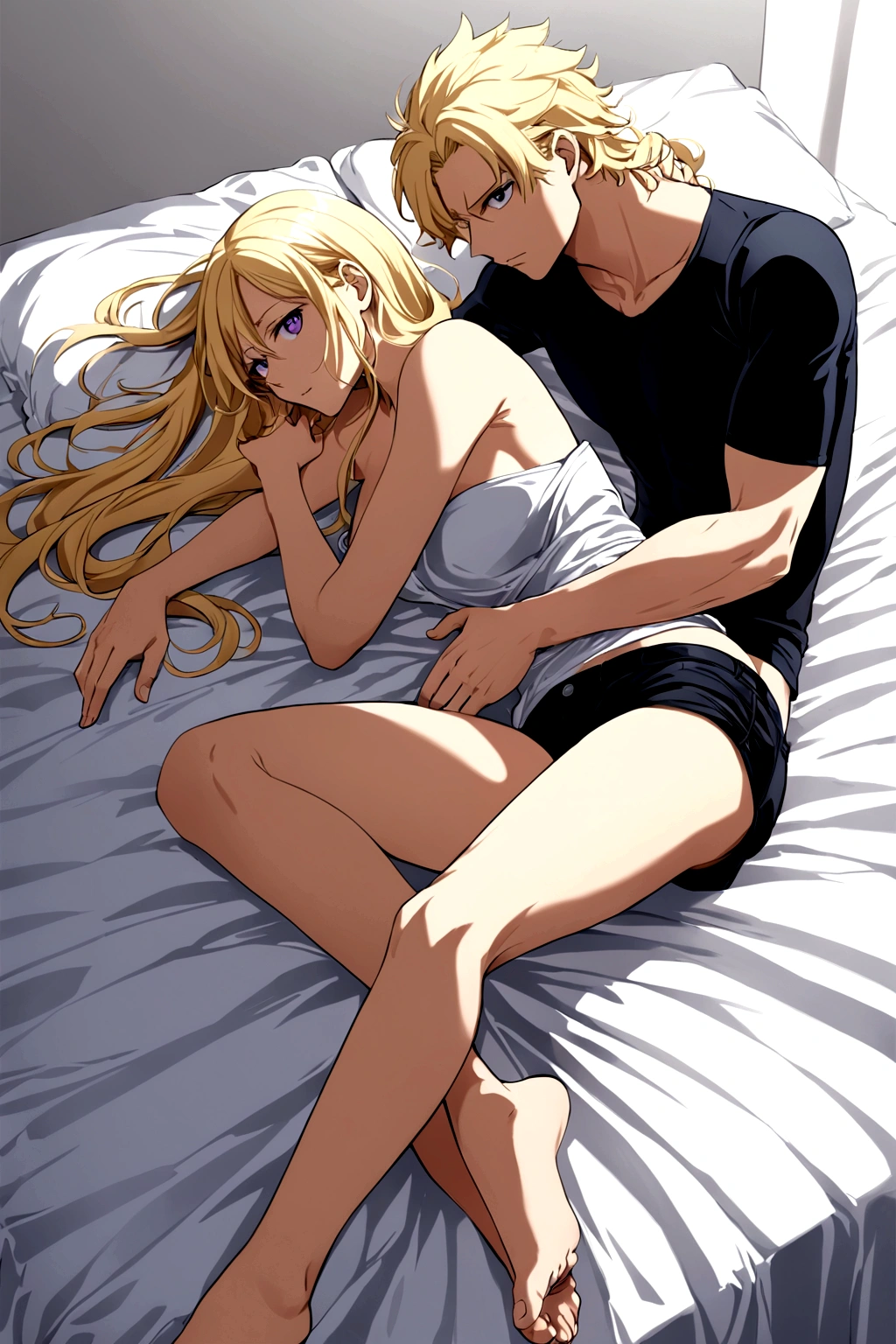 My hero academia style Sexy adult. high. long messy blonde hair .violet eyes.seductive look.side pose.shirtless.short black shorts.barefoot. whole body. distant shot.placing his hand on her leg. lying on your back on the edge of a bed. Elegant white room background.lighting to your hair and eyes
