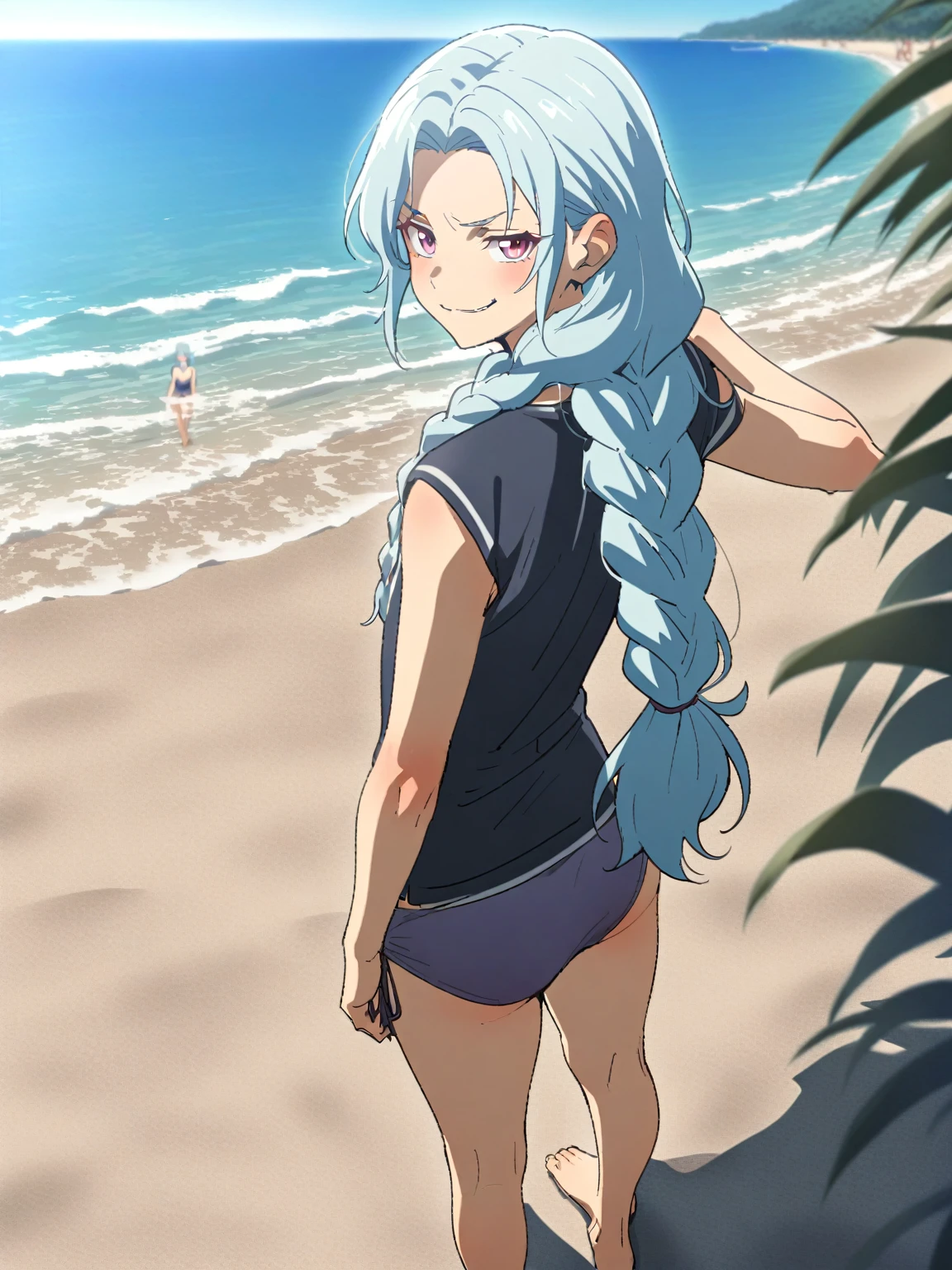 {{Full body body}} {{Artist: sincos}} 1boy, mature male, light blue hair, long hair, braided hair, pink eyes, eyes half-lidded, androgynous, navy blue swimsuit, outdoors, beach, standing, turned away, looking over shoulder, smirk, pov