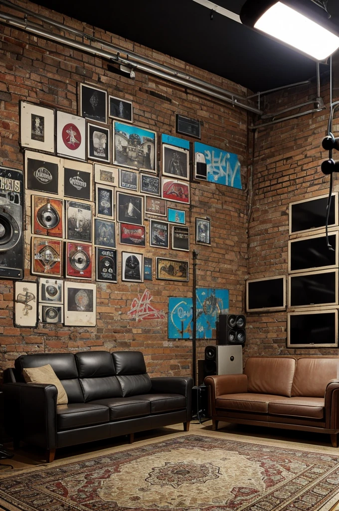 Music recording studio with a professional microphone. The walls have graffiti, there is an old sofa in the middle, smoke and wine bottles in the environment.