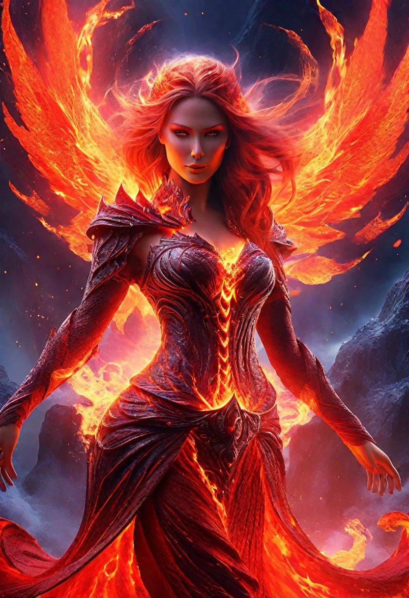 high details, best quality, 8k, [ultra detailed], masterpiece, best quality, (extremely detailed), full body, ultra wide shot, photorealistic, faize fantasy art, dnd art, rpg art, realistic art, an ultra wide picture of a female human (1.5 intricate details, Masterpiece, best quality) godess of fire  ((fiery radiant aura)), controlling a swirling fiery red radiant magic (1.5 intricate details, Masterpiece, best quality), manipulating purple radiant magical symbols, [[divine symbols]] (1.5 intricate details, Masterpiece, best quality), human female, flame hair, long hair with aura, hair with red fiery radiant eyes, intense eyes, ((radiant eyes)), (( red glowing eyes)), dynamic clothing, fantasy volcano back ground, stresms of lava,  celestial  background, ((divine worship atmosphere)), high details, best quality, highres, ultra wide angle