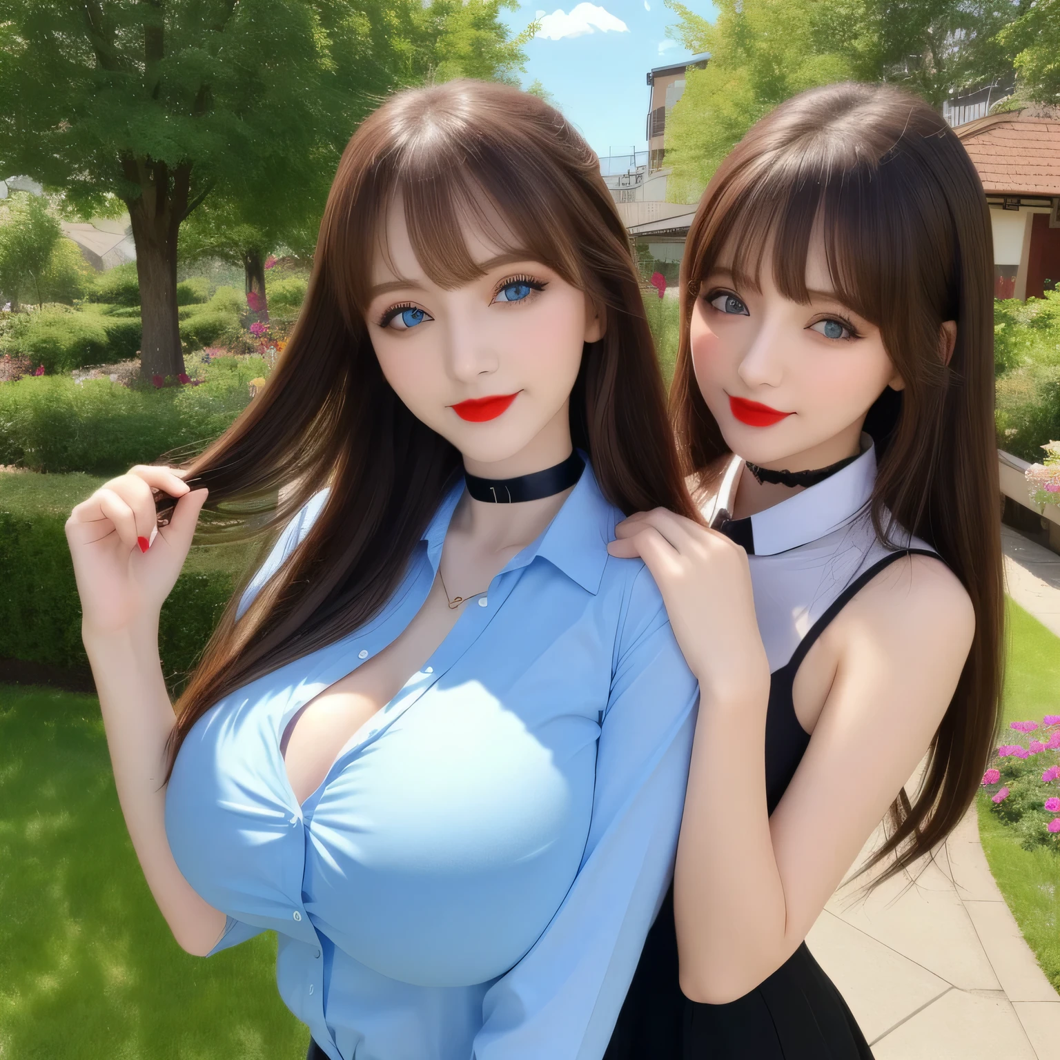 100 Girls,Crowded, Long Hair, Brown Hair, sexy, A line of girls, Girls in line, Girls only, Sisters, ((Tight collared shirt)),Full body photo:1.9, Adorable, smile, Slim face, Slim body, 32k, masterpiece, Best image quality,Ultra-high resolution,Perfect hands,Black Choker、blue eyes、bangs、Very lush and long eyelashes, Lots of girls、((Big Breasts)), Dependents, Big Breasts, Red lipstick、garden、blue sky