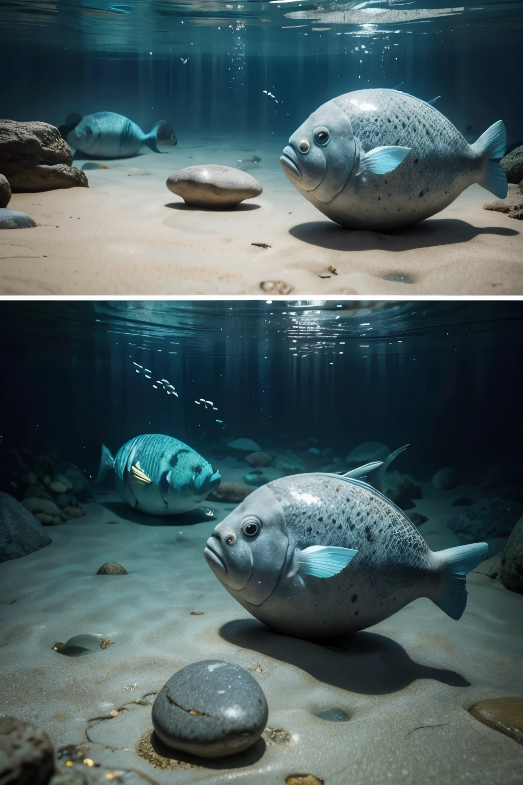 Create a stone fish image, create another of a person stepping on the stone fish, create another image of the stone fish in the sea, create another image of a person in the hospital