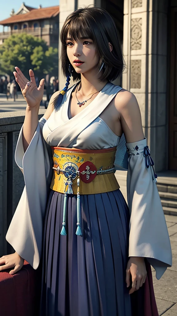 One girl, alone, jewelry, Removable sleeves, necklace, Blue beaded earrings, Hakama Skirt Yuna FFX,
Ultra-high resolution, photograph, photographrealistic, Very detailed, Detailed face, alone cute woman, Castle balcony,
Medium chest, (masterpiece, high quality),View your viewers, Gorgeous Goddess, Bobcut, Shiny skin,
Charm, Fascinating, dream-like, Royal Mantle, ((Thick bangs)),