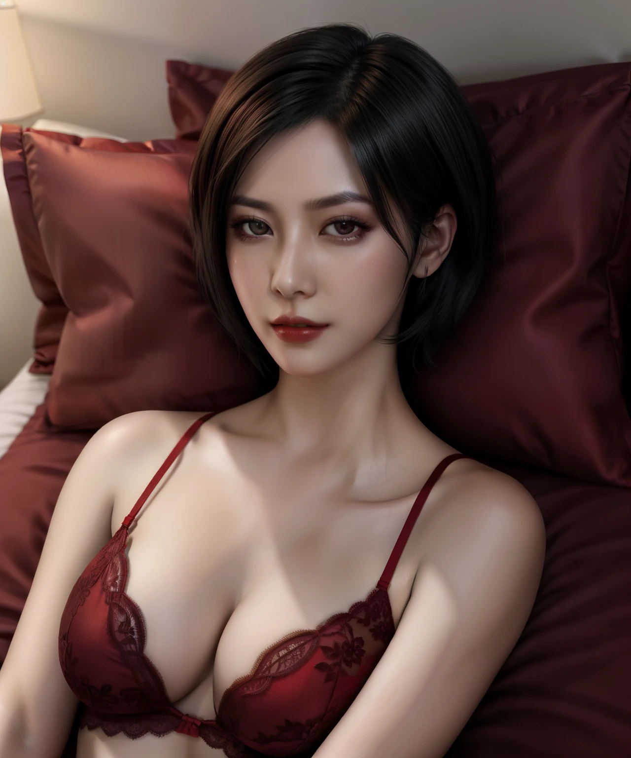 a woman, ada wong, red lingerie, lying down on bed, looking at viewer, lipstick