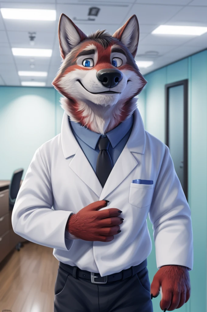 Ivan Fedorovich Wolfbach (Novosibirsk) ,tall handsome, wolf,young, 24 years, brown fur,Kind,(red body:1.3),beautiful blue eyes,Novosibirsk,dressed,white coat doctor uniform, White shirt, black tie, green pants,Dog doctor, wolf, detailed fur, male, second, paw pads, finger claws,At the viewer, 5 fingers, paws, 5 fingers, smile, wrist watch, т nextel,by xenoforge, (difficult, high detail, digital photography, soft focus, RAW theater variety,Very close to the camera сидит, office,Novosibirsk, smile, good mood, positive, Very close to the camera, больница stethoscope, 
Photorealism, realistic, photorealistic, digital style, Subsurface scattering,I&#39;m looking at the viewer, в office, nursing brother, syringes, stethoscope, 
masterpiece, Best quality, ultra realistic, 8 thousand.)