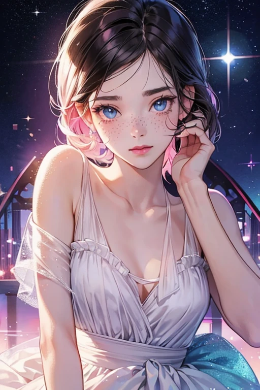 Marinette is an attractive teenage girl medium height, pale skinned with dark hair with blue undertones, light pink lips, and light freckles on both sides and the bridge of her nose. She has light blue eyes. SPARKLE; GLITTER