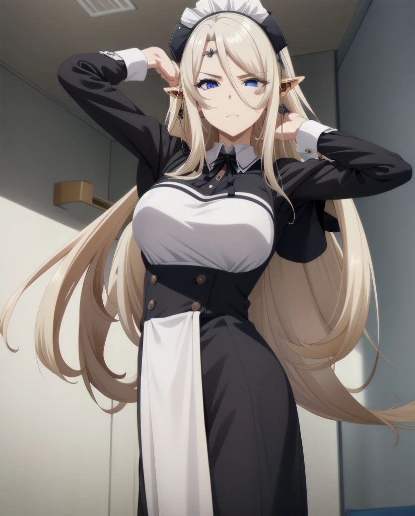 best quality, from below, log angle, intenseglare, disgust, shaded_face, shadow_over_eyes, glaring, looking down at the viewer, long platinum hair,blue eyes,pointy ears,elf,,masterpiece, highres, solo, (maid:1.40), (long maid dress:1.15), anime_style, 14
