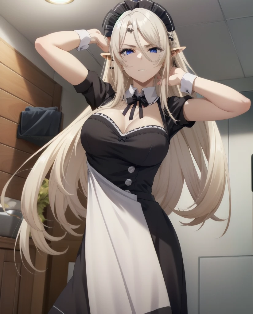 best quality, from below, log angle, intenseglare, disgust, shaded_face, shadow_over_eyes, glaring, looking down at the viewer, long platinum hair,blue eyes,pointy ears,elf,,masterpiece, highres, solo, (maid:1.40), (long maid dress:1.15), anime_style, 14
