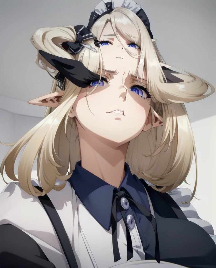 best quality, from below, log angle, intenseglare, disgust, shaded_face, shadow_over_eyes, glaring, looking down at the viewer, long platinum hair,blue eyes,pointy ears,elf,,masterpiece, highres, solo, (maid:1.40), (long maid dress:1.15), anime_style, 14
