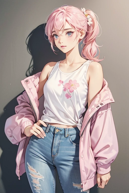 Marinette's most common attire is a pair of pale sport pink rolled up jeans with a white tank top with pink flower designs. She also wears a light gray jacket with white cuffs. Her hair is pulled into pig tails tied with pink hair ties. She also wears a white and pink wristwatch on her left wrist. SPARKLE; GLITTER