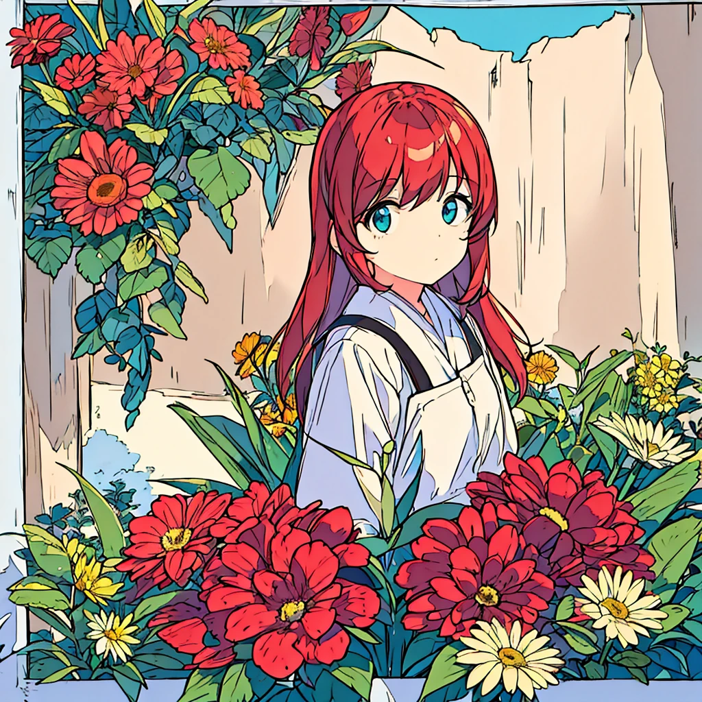 Plain background, girl in , simple, nostalgic, flower