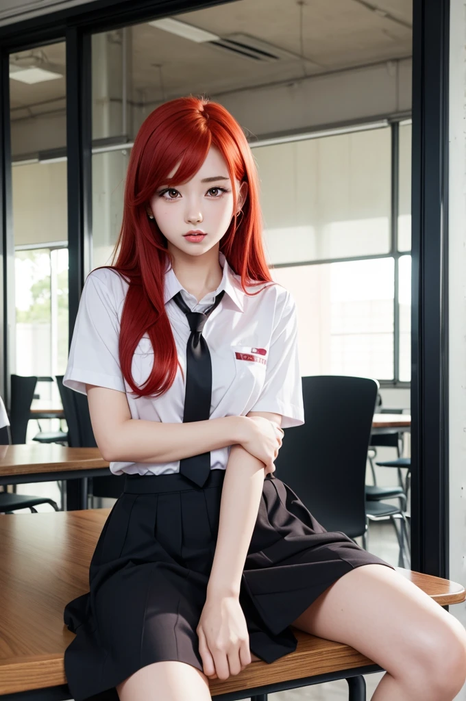 girl with red hair, heavy makeup,sitting on classroom table, ,mangá style