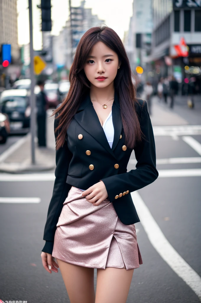 a 17 year old girl, she is the most beautiful actress in the world, the perfect body proportions of this girl, the blazer is closed on her waist area of the formal shirt and the short skirt, her crotch area of the panties are hardly hidden by the short skirt, her bare legs, it's just the front of her body, it's just one description, the lower than her shins are out of space, she is standing straight at the street, nsfw, best quality, highly detailed, masterpiece, ultra high res, photo realistic, 8k, RAW photo