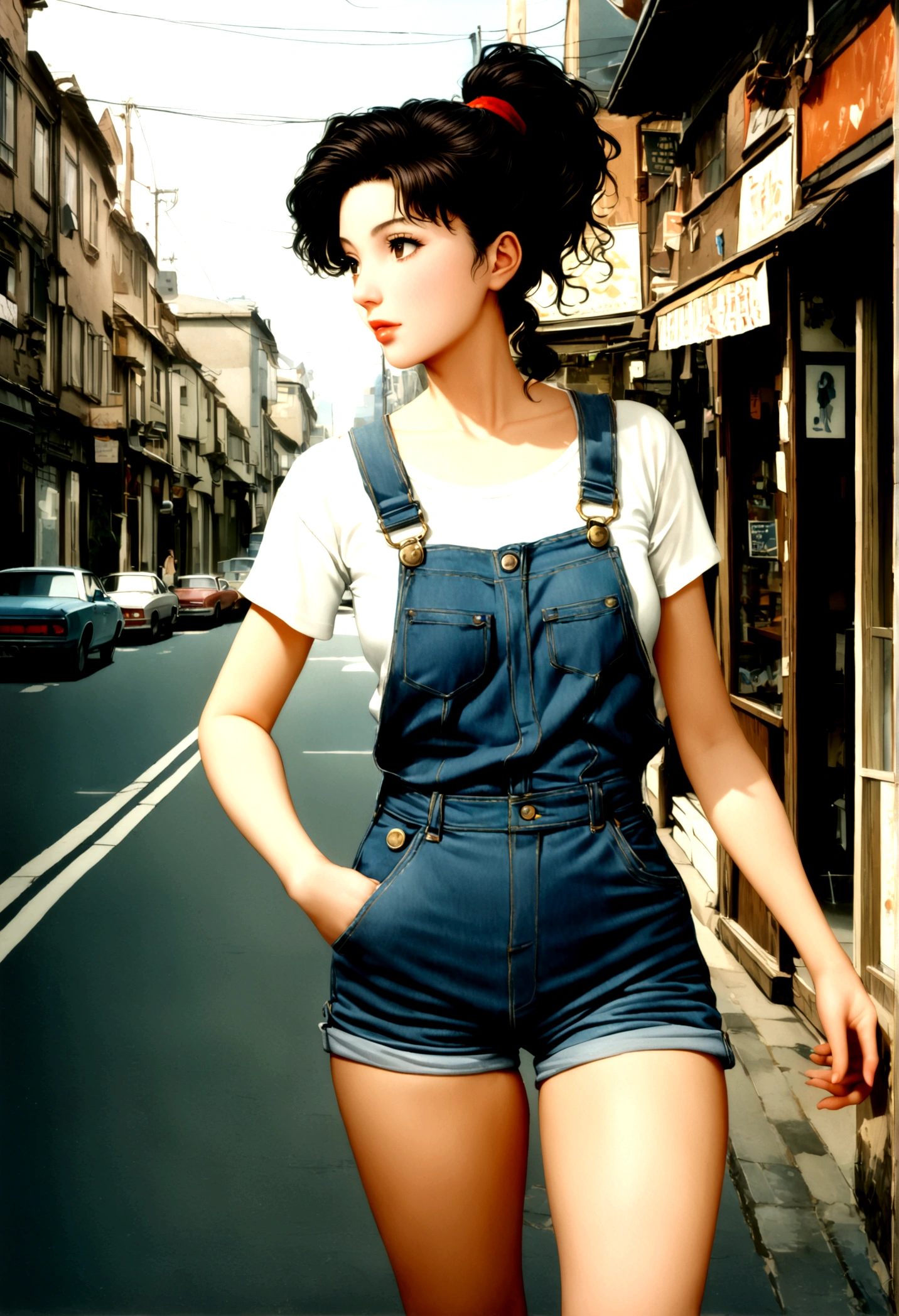 a photo by pho3b3cat3s, beautiful woman, ((24 years old)), street, underwear, denim overalls, 1980s, Retro, long wavy dark hair ponytail, (Masterpiece), (Extremely detailed CG unity 8k wallpaper), intricate, ((photorealistic)),
