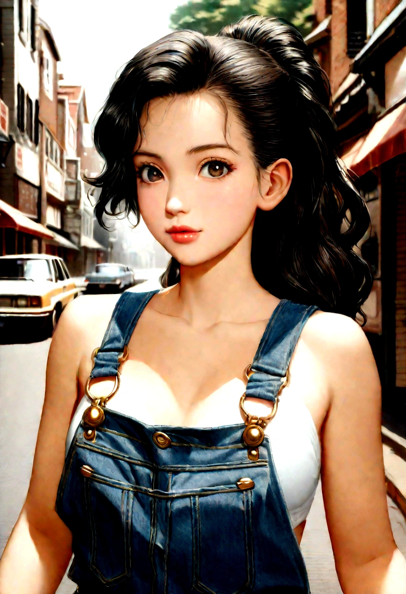 a photo by pho3b3cat3s, beautiful woman, ((24 years old)), street, body, denim overalls, 1980s, Retro, long wavy dark hair ponytail, (Masterpiece), (Extremely detailed CG unity 8k wallpaper), intricate, ((photorealistic)),
