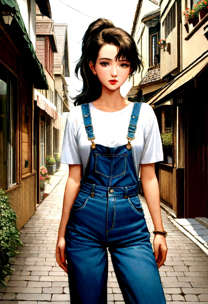 a photo by pho3b3cat3s, beautiful woman, ((24 years old)), street, underwear, denim overalls, 1980s, Retro, long wavy dark hair ponytail, (Masterpiece), (Extremely detailed CG unity 8k wallpaper), intricate, ((photorealistic)),
