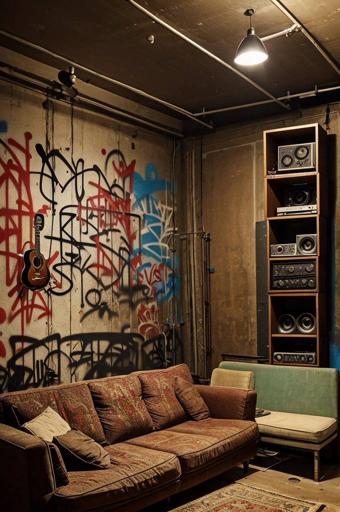 Music recording studio with a professional microphone. The walls have graffiti,an old sofa in the middle, cigarette smoke and wine bottles.