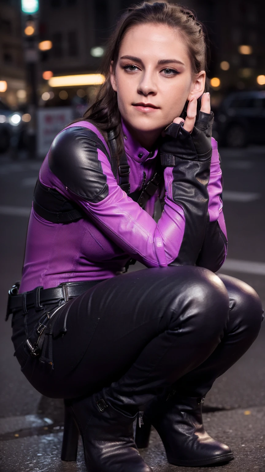 (masterpiece), (photorealistic1.4), (epiCRealLife), (lora:KateBishopFNLoRA:1.0 ribbed bodysuit costume), (KateBishopFNLoRA black leather pants), (KateBishopFNLoRA utilities belt), (leg holster) (KateBishopFNLoRA black gloves), (Kate Bishop Purple Costume),, (epiCFlashPhoto), (harness), (medium height), (ponytail), (young woman), ,(flashphoto), (flash photography), (make up) ,(kst3w-v2 ), (Kristen Stewart), (Kristen Stewart light smile), (outdoor), (squatting), (New York City Street), (neon lights), (look at viewer),