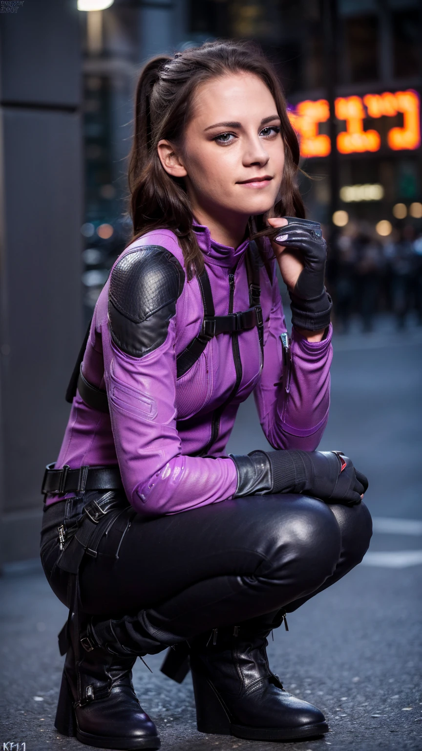 (masterpiece), (photorealistic1.4), (epiCRealLife), (lora:KateBishopFNLoRA:1.0 ribbed bodysuit costume), (KateBishopFNLoRA black leather pants), (KateBishopFNLoRA utilities belt), (leg holster) (KateBishopFNLoRA black gloves), (Kate Bishop Purple Costume),, (epiCFlashPhoto), (harness), (medium height), (ponytail), (young woman), ,(flashphoto), (flash photography), (make up) ,(kst3w-v2 ), (Kristen Stewart), (Kristen Stewart light smile), (outdoor), (squatting), (New York City Street), (neon lights), (look at viewer), 