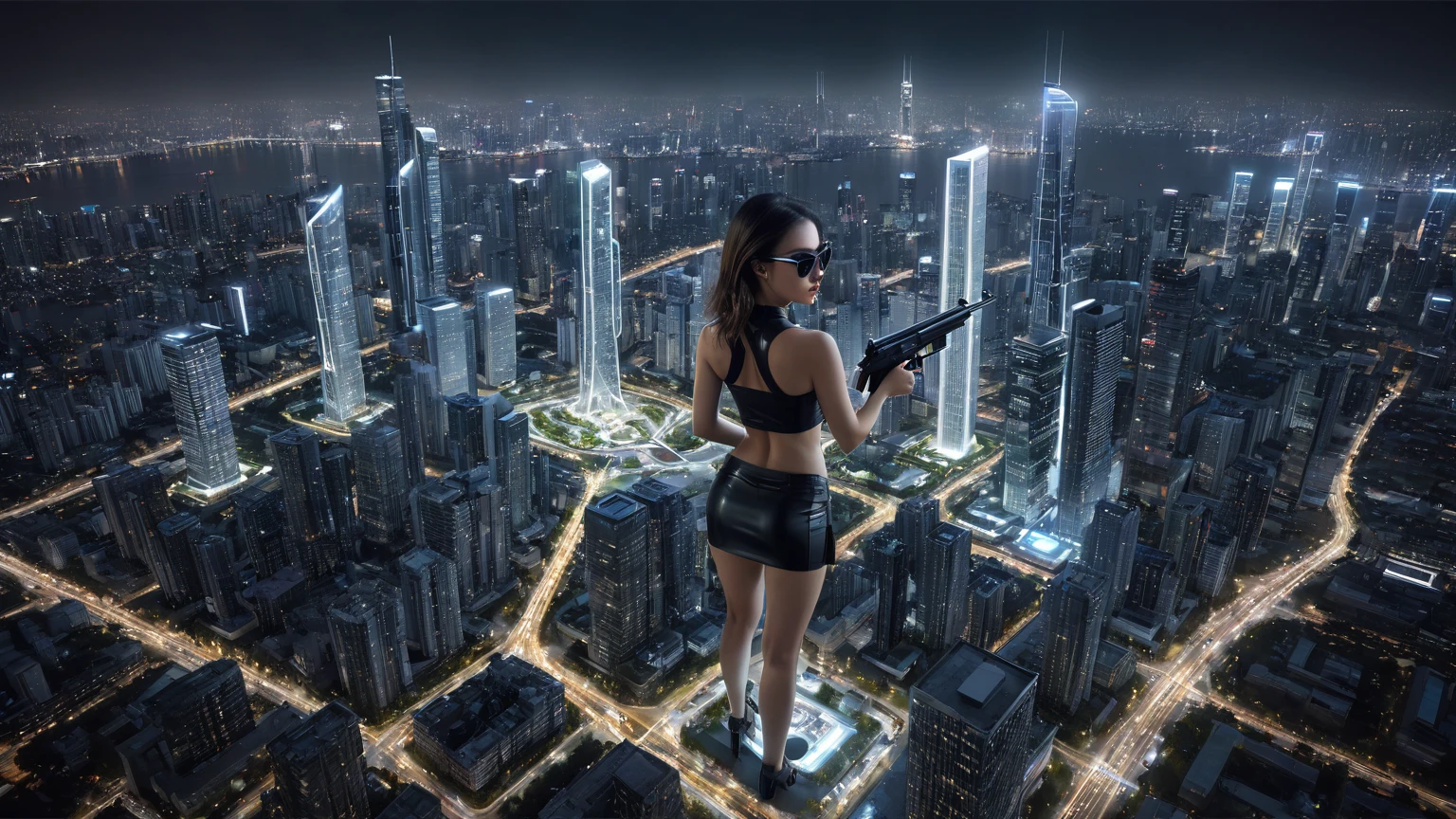 aerial view. Estilo: arte conceitual. A cena: Futuristic cityscapes with all-glass towering skyscrapers, flying vehicle, 1drone. OLED GUI interfaces in the building, The windows are filled with (transparent data visualization infographics) that show it all, from weather patterns to traffic flow, Matrix cascading code. Matrix style, at night, dark sky, ((1girl, solo)), photo realistic, (medium-breast:1.2 slim body, cleavage), tube top, miniskirt, (black sunglasses), (((((pistol aiming pose))))), (half-body thigh level medium shot), cinematic lighting.