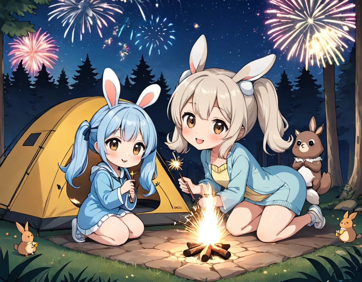 Campfire in the woods、Two Girls,1 Chibi Character、Nice face,Dark Eyes、Light blue long hair、Beautiful girl with twin tails,Forest animals and fireworks、Rabbit、Squirrel、Bear、deer、owl、Lots of animals、Crouched down holding a sparkler and watching the sparks fly、Bright smile、Warm and soft lighting,Night Sky,Starry Sky、fireflies dance、白いowlが見ている