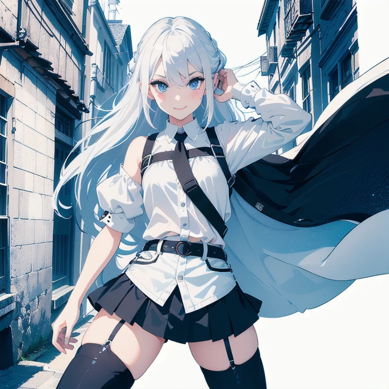 (1 girl), (Masterpiece, Best quality, ultra high resolution), Silver hair, Pale skin, Beautiful detailed face, Detailed eyes, posing on a, On a white background, Dynamic lighting, dynamic shadowing, looking at viewer, White stone punk fashion, (Posing for a photo), ((White clothes with blue details)), (((black thigh highs))), ((jean shorts, skirt)), white sweater, ((Blue eyes)), happy, smiling, black straps, black strap design, ((Long white hair)), energetic, cheerful, cityscape background, blue highlights, blue tertiary color