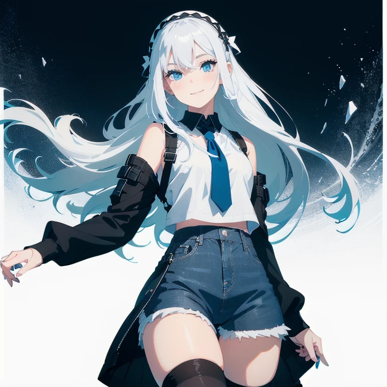 (1 girl), (Masterpiece, Best quality, ultra high resolution), Silver hair, Pale skin, Beautiful detailed face, Detailed eyes, posing on a, On a white background, Dynamic lighting, dynamic shadowing, looking at viewer, White stone punk fashion, (Posing for a photo), ((White clothes with blue details)), (((black thigh highs))), ((jean shorts, skirt)), white sweater, ((Blue eyes)), happy, smiling, black straps, black strap design, ((Long white hair)), energetic, cheerful, cityscape background, blue highlights, blue tertiary color