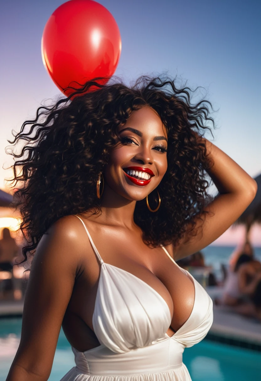 photograph of a dark-haired afro woman with windblown curls, her hair is intertwined, like a flame against the twilight sky., radiating unbridled beauty, big breasts, wearing a sexy white dress at a pool bar in Miami, holding a red balloon with both hands and big smile on his face