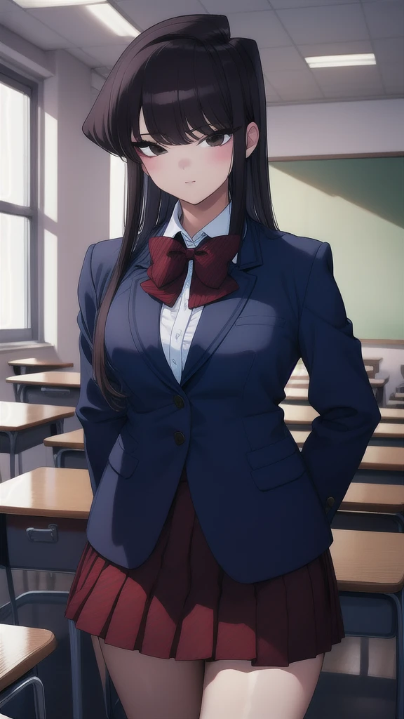 1girl, cowboy shot, classroom,
komi_shouko, black eyes, black hair, long hair, , red bowtie, jacket, blazer, long sleeves, striped, pleated skirt, red skirt, black pantyhose, best quality, masterpiece, highres,