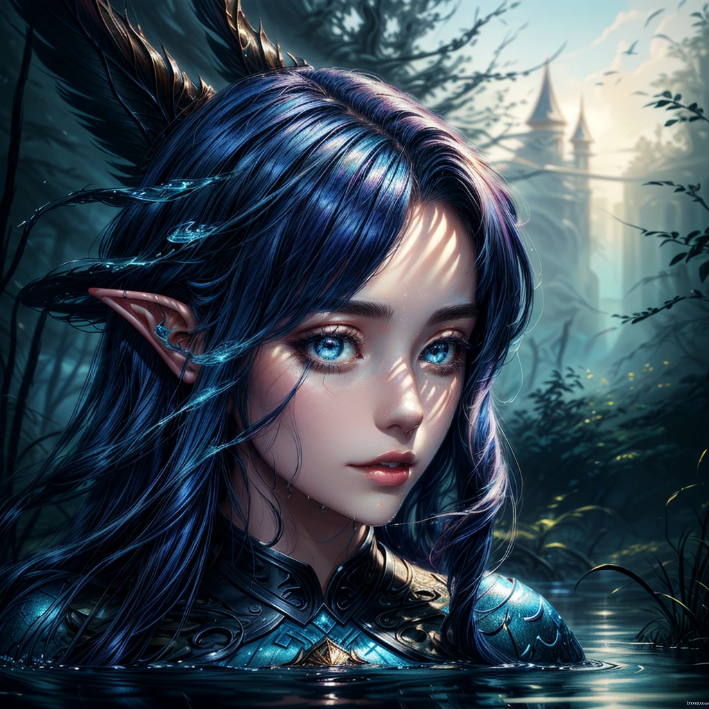 a woman with long blue hair thats swirls like its water and elf make-up stands in a stream, blue summer dress, pale blue skin, wet skin, drops of water in the air, 4k fantasy art, detailed fantasy digital art, hyper-realistic fantasy art, Realistic fantasy artwork, beautiful fantasy art, HD-Fantasy-Kunst, detailed fantasy art, realistic fantasy painting, very beautiful fantasy art, digital art fantasy art, 4k highly detailed digital art, Detailed digital art in 4K, amazing fantasy art