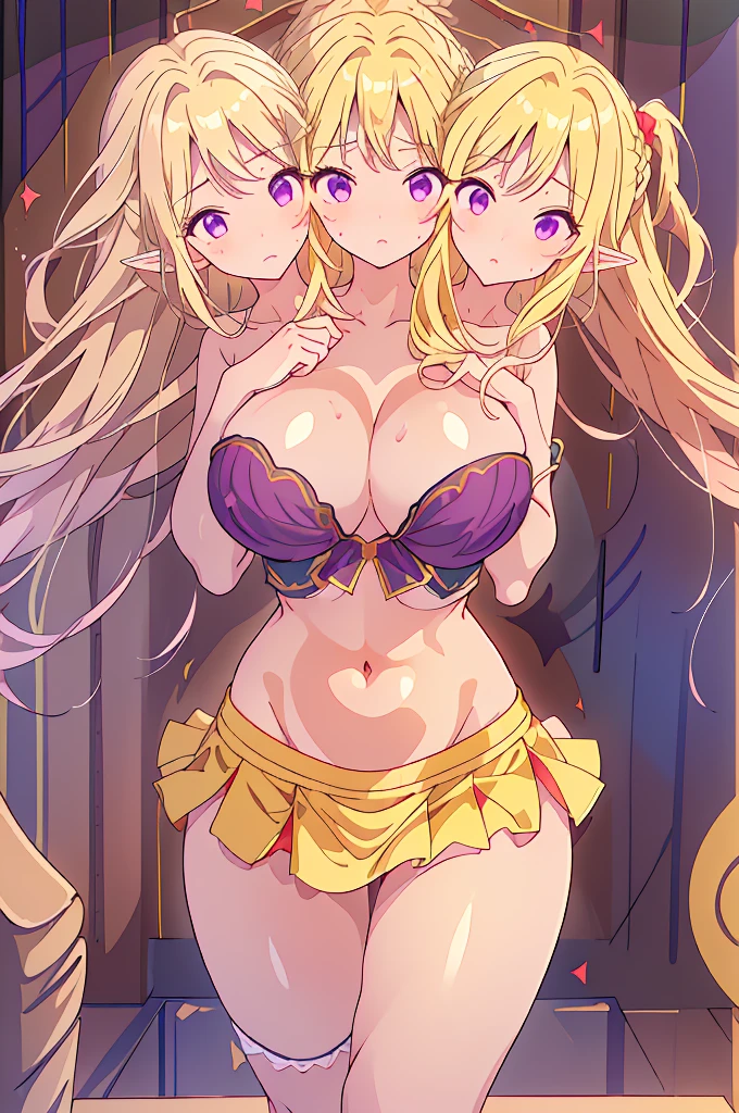 (masterpiece, best quality), best quality, (ultra-detailed), (3heads:1.5), 1girl, (elis:1.3), masterpiece, best quality, ultra quality, ultra resolution, ultra detail, white top, crop top, ((stomach)), midriff, ((groin)), red skirt with strange purple markings along its hem, miniskirt, normal ears, midriff, blonde hair, very long hair, wavy hair, sidelocks, purple eyes, parted lips, sweat, cute, toned belly, hand on own chest, eyelashes, (25 year old woman:1.3), (masterpiece:1.5), (best quality:1.5), (beautiful detailed), extremely detailed CG, extremely delicate and beautiful, depth of field, (finely detailed face), (perfect details:1.2), (mature female:1.3), wide pelvis, slender, large veiny breast, 16k resolution, highres, very high quality, very high definition, extremely detailed, masterpiece, blonde long hair, alluring presence, twin braid, short skirt, close up, very big tits, huge tits, young, red bow, purple bat wings, nsfw, open belly, ((blonde))
