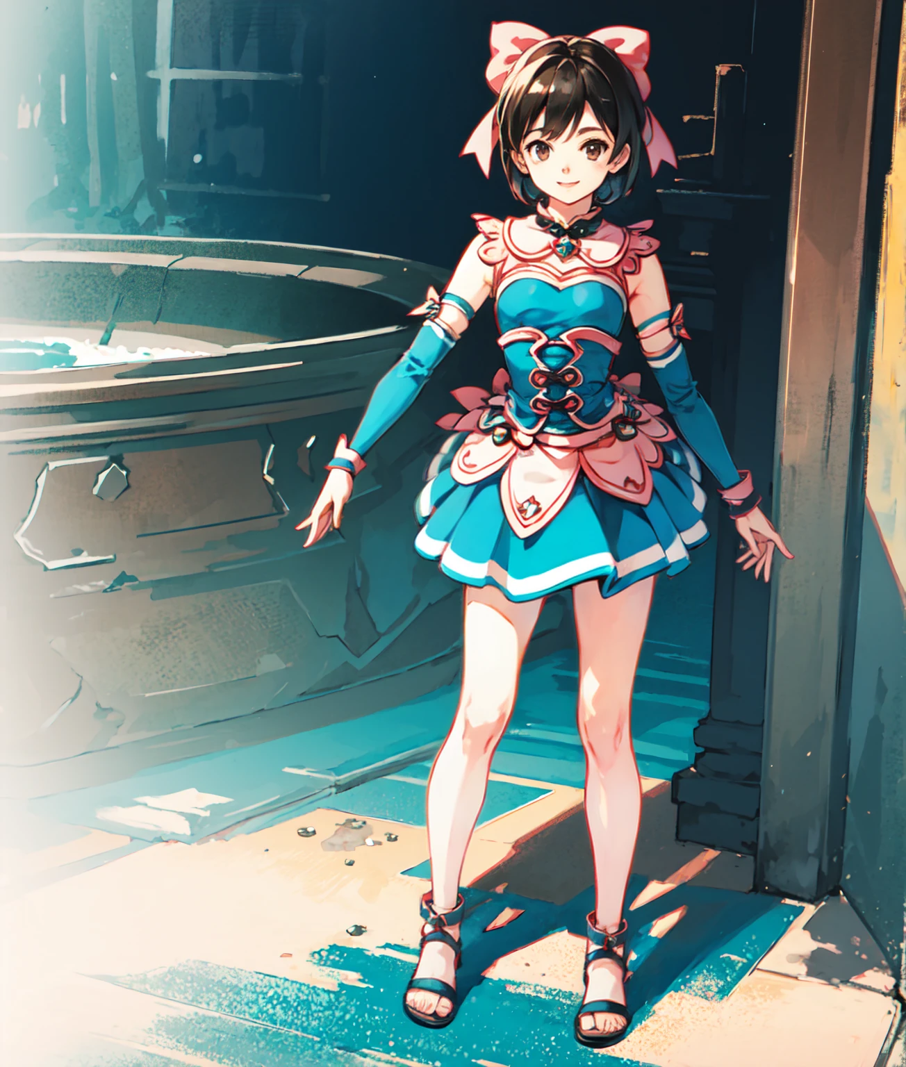 ((Full body photo, standing, feet on the floor))  masterpiece, high res, detailed face, detailed eyes, 1 girl, solo, brown hair, brown eyes, short hair, giant pink ribbon on top of the head, high tighs, blue white outfit, blue elbow gloves, blue tighs, ring chocker, smile, standing, full body, outdoors, forest , cowboy shot   