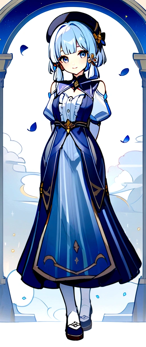 ayaka_genshin,bow, holding, closed_mouth, flower, frills, petals,(arms behind back:1.5),center_frills, bonnet, tachi-e, white background, (smile:1.1), (full body),looking at viewer, (standing), (light short blue hair:1.1),(short hair:1.1),(pillbox hat),beautiful blue eyes, (european style long dress:1.1), long sleeves,white legwear,masterpiece, best quality, 1girl, solo,