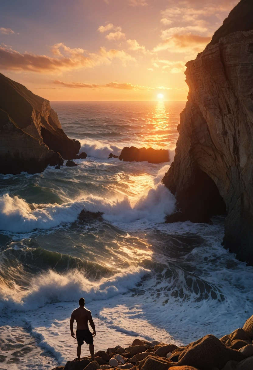 agged cliffs, crashing waves, the person silhouetted against the sunset, detailed seashells, realistic cliff textures, high-quality dynamic lighting. (NSFW)