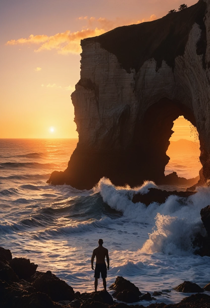 agged cliffs, crashing waves, the person silhouetted against the sunset, detailed seashells, realistic cliff textures, high-quality dynamic lighting. (NSFW)