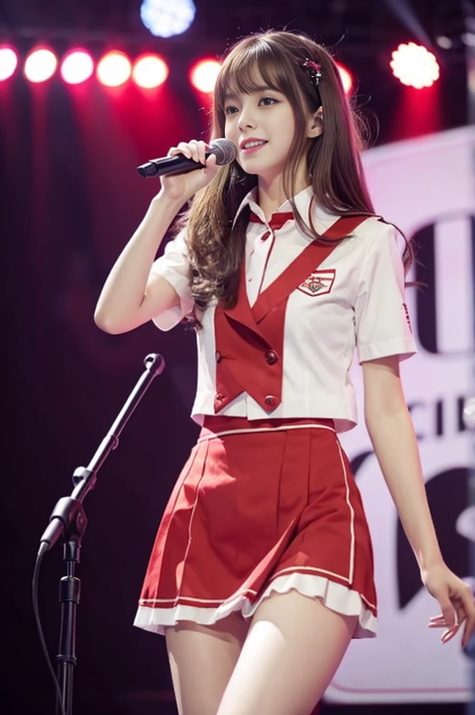 18 year old beautiful girl、Highest image quality、realistic、16K、beautiful woman、medium long hair、With bangs、slim、On the idle stage、Sing with the microphone in your right hand、Red and white uniform style idol costume、In the spotlight、whole body、long legs