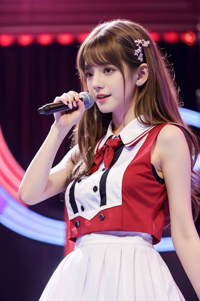 18 year old beautiful girl、Highest image quality、realistic、16K、beautiful woman、medium long hair、With bangs、slim、On the idle stage、Sing with the microphone in your right hand、Red and white uniform style idol costume、In the spotlight、whole body、long legs