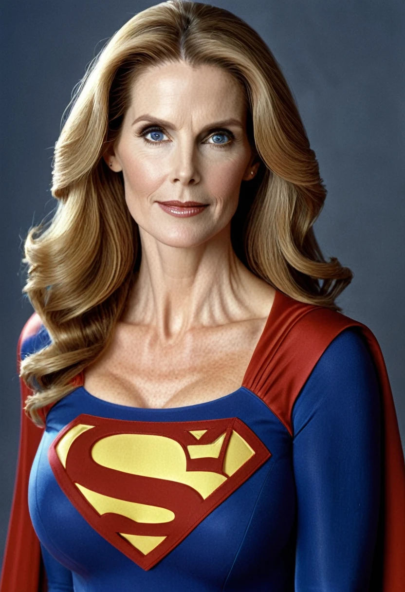Julie Hagerty Supergirl; HD. Photograph, ((realism)), extremely high quality RAW photograph, ultra detailed photograph, sharp focus, high resolution, (detailed skin:1,3),high quality, film grain, Fujifilm XT3,Highly Detailed, movie, (Cinematic Photo:1.3) of (Realistic:1.3); 2000s movies