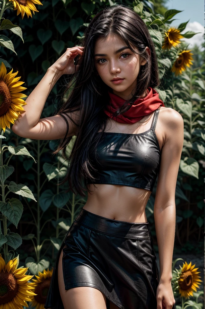 1girl, white crop top, navel, black skirt, black hair, long hair, straight hair, outside, sunflowers, red scarf, sunrays, watch, green eyes, bare arms, elbow squeeze