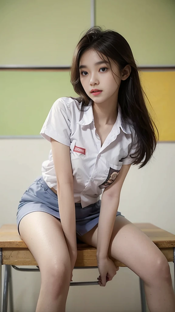 RAW, Best quality, high resolution, masterpiece: 1.3), Beautiful girl, seductive pose, showing breast, open legs showing vagina, sensual body, on a top of table of class room,  ((senior high school clothes)), open shirt only, mini skirt, orgasm, highres, 4k, HDR, 1girl, photorealistic, realistic, small breasts, ((whole body)) turning away facial at viewer, closeup, class-room, misty,