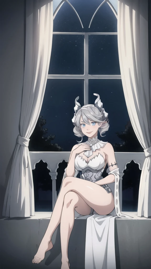 Beautiful arts wallpaper moonlight Outside castle top High level image quality best image quality 8K adult woman silver castle hall more colors whole body view portrait wearing pure white Goddess dress horn ears short hair((shortcut)(gray hair)(perm)(fluffy)) eye color is blue , , attractive evil face , smile , labrynth , barefoot , teasing with her breast, , sitting with crossed legs on piano , looking at the windows , stovie , crystal chandaglier , white curtains