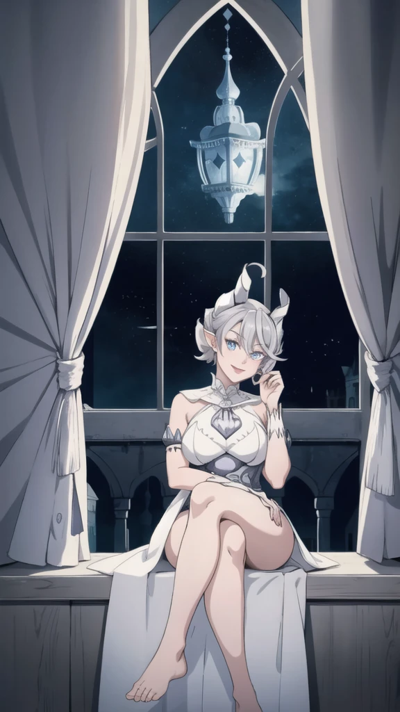 Beautiful arts wallpaper moonlight Outside castle top High level image quality best image quality 8K adult woman silver castle hall more colors whole body view portrait wearing pure white Goddess dress horn ears short hair((shortcut)(gray hair)(perm)(fluffy)) eye color is blue , , attractive evil face , smile , labrynth , barefoot , teasing with her breast, , sitting with crossed legs on piano , looking at the windows , stovie , crystal chandaglier , white curtains
