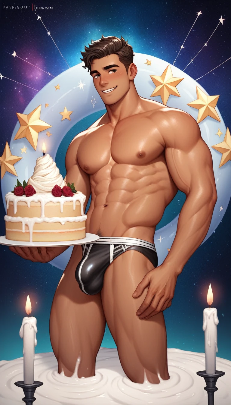 best quality, masterpiece, handsome polynesian man, tan skin, wavy dark hair, transparent white very low-rise speedo, carrying a birthday cake with four lit candles, excessive icing and frosting on body, galaxy and cancer constellation background, bulge, sexy, gay, homoerotic, perfection, no watermark, no logo, no signature